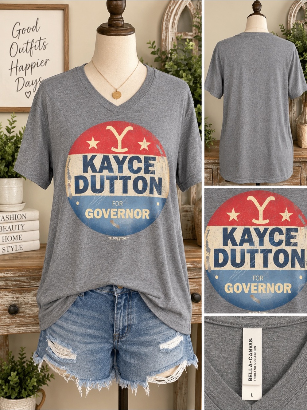 Yellowstone Kayce Dutton for Governor Bella Canvas V-Neck Tee L Gray